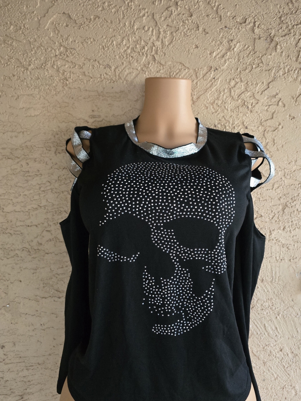 Black Rhinestone Skull Cold-Shoulder Top
